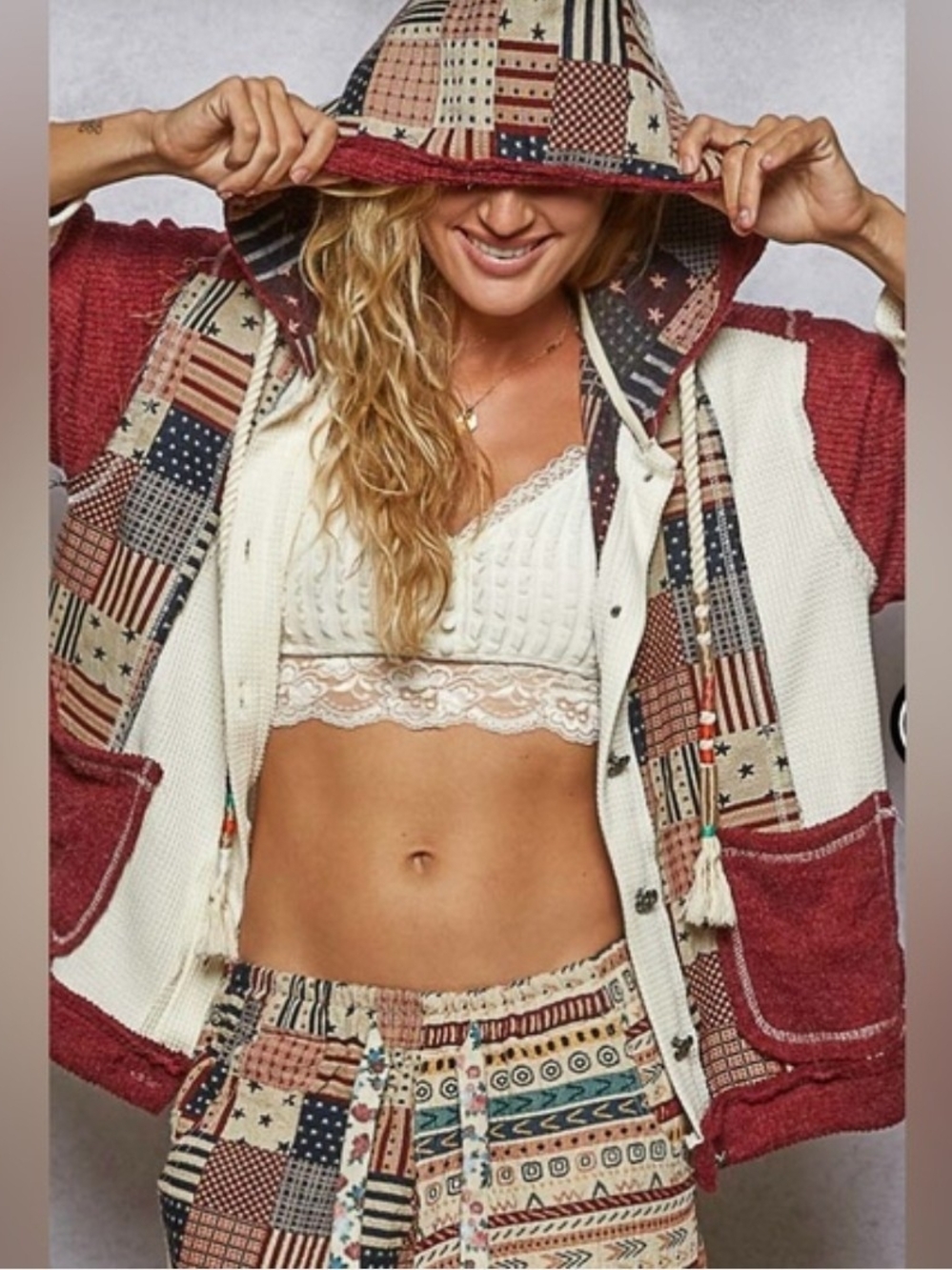 POL Patchwork Hoodie Jacket in Red, White & Blue